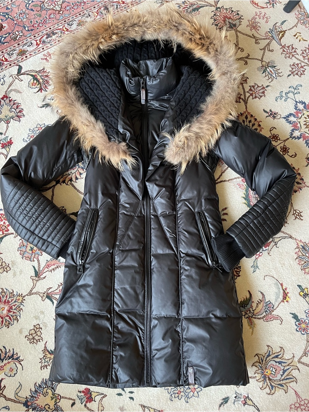 RUDSAK XS Down Black Puffer coat long jacket w/ fur hood & leather trim EUC